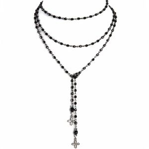 VIRGINS SAINTS & ANGELS - Peace Cross, jet, Beaded Lariat in Gunmetal
